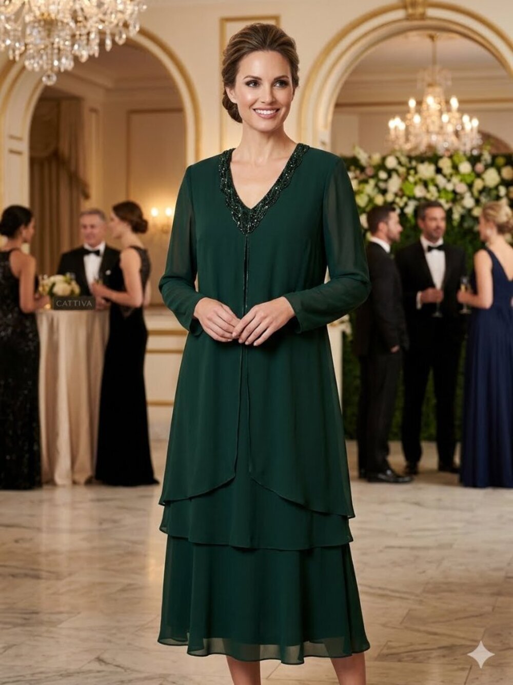 Vintage Cattiva Neiman Marcus Size 16 Forrest Green Beaded Tiered Cocktail Dress